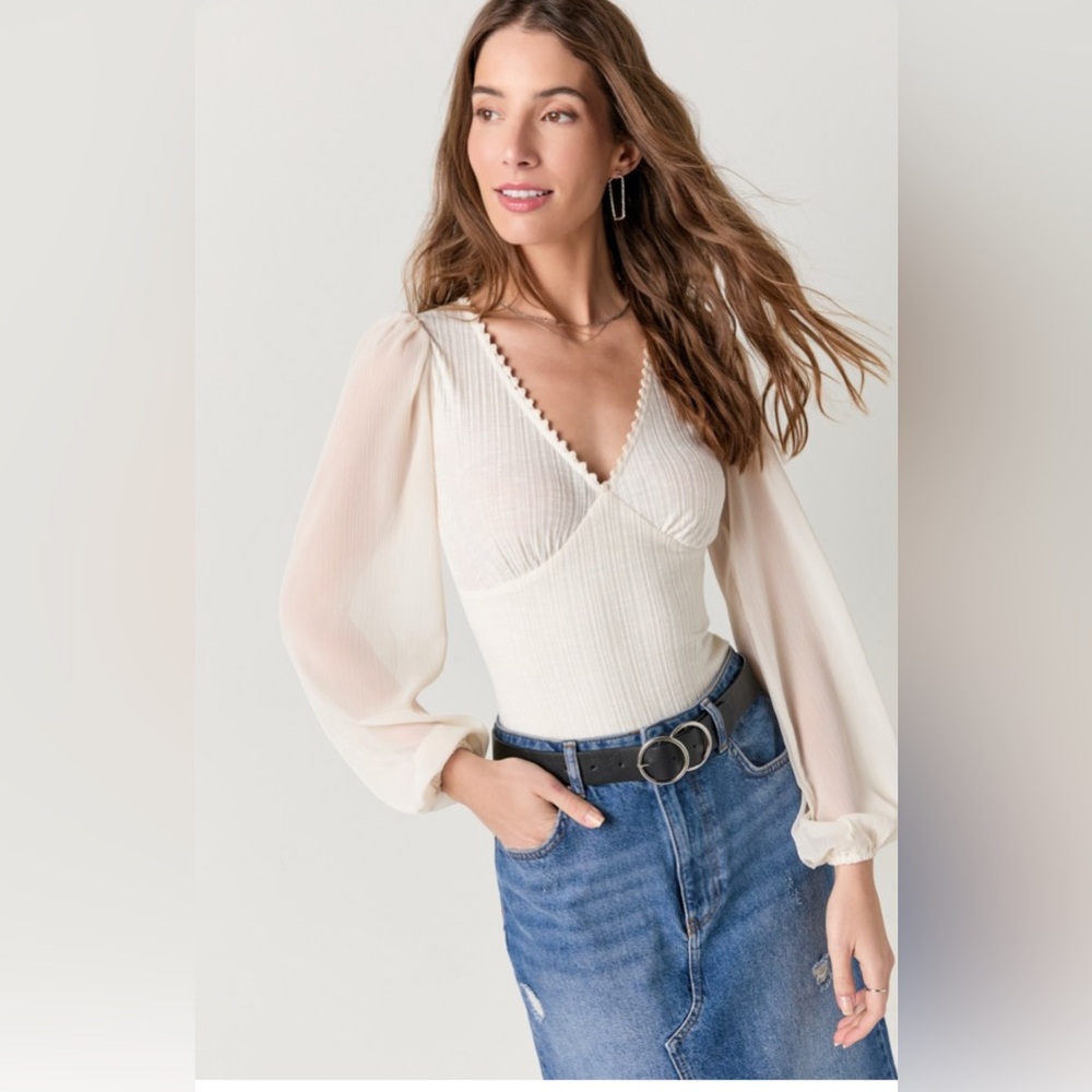 Amora Sheer Long Sleeve Rib-Knit Bodysuit